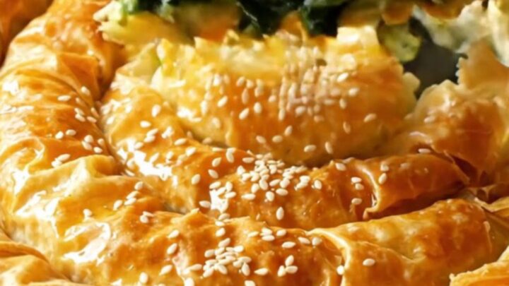 A golden spiral filo pie with spinach and feta filling, sliced to show layers.