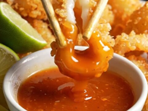Crispy golden calamari rings tossed with red chilies and scallions on a dark platter