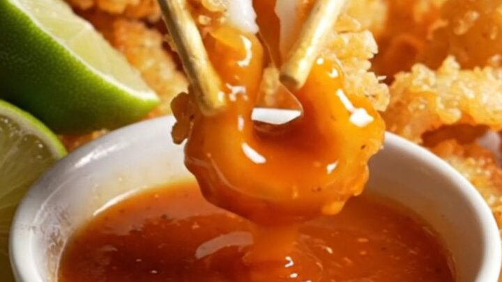 Crispy golden calamari rings tossed with red chilies and scallions on a dark platter