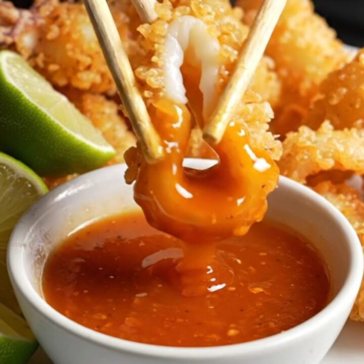 Crispy golden calamari rings tossed with red chilies and scallions on a dark platter