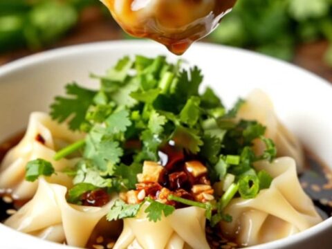 A bowl of Szechuan crispy chili oil dumplings with red sauce and cilantro garnish.
