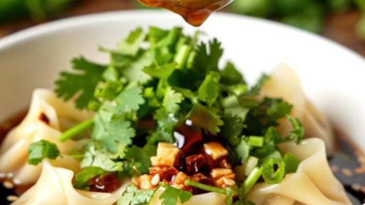 A bowl of Szechuan crispy chili oil dumplings with red sauce and cilantro garnish.