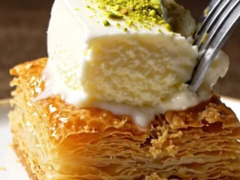 Golden kadayıf topped with a slice of stretchy ice cream and pistachios