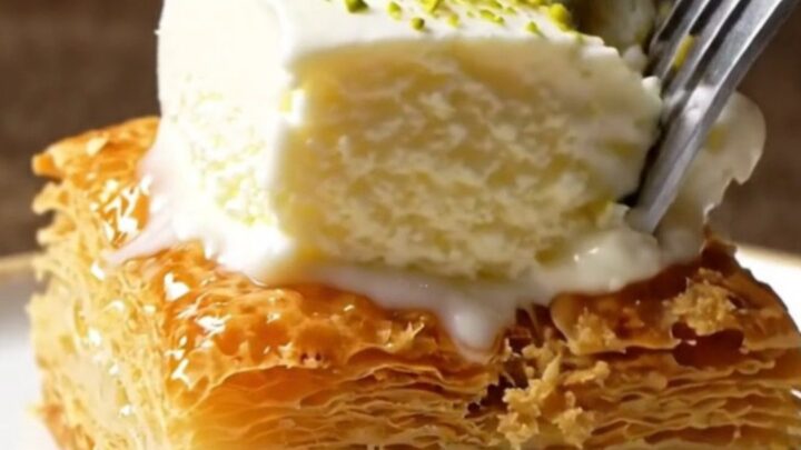 Golden kadayıf topped with a slice of stretchy ice cream and pistachios