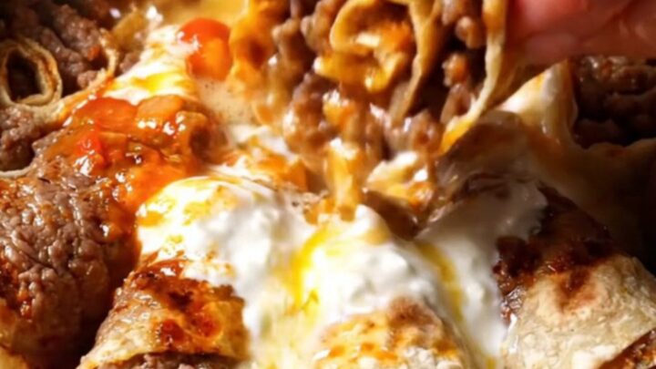 Sliced kebab rolls on a platter with yogurt, tomato sauce, and sizzling butter