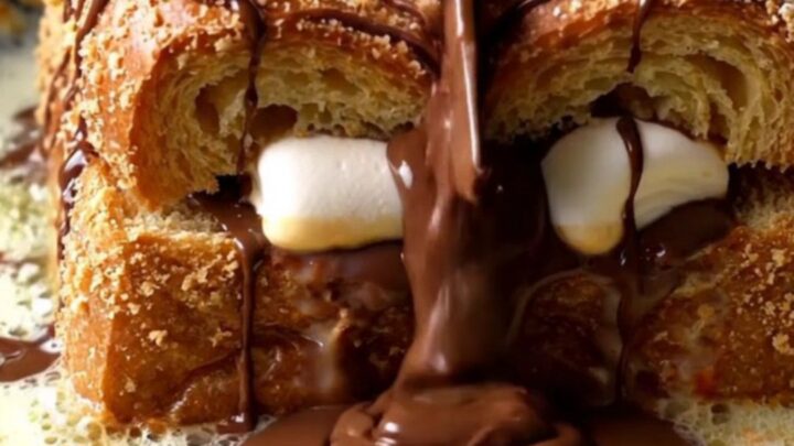 S'mores stuffed brioche French toast with melted chocolate and marshmallow, dusted with powdered sugar