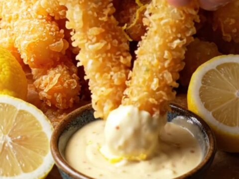 A pile of golden fried calamari, shrimp, and zucchini on a rustic wooden platter with lemon wedges and a bowl of lemon aioli.