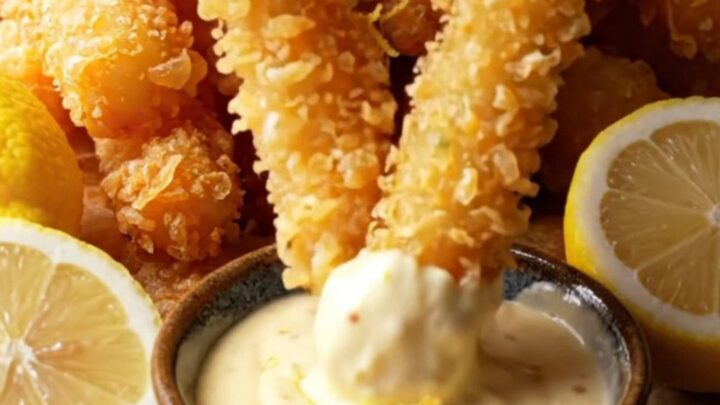 A pile of golden fried calamari, shrimp, and zucchini on a rustic wooden platter with lemon wedges and a bowl of lemon aioli.
