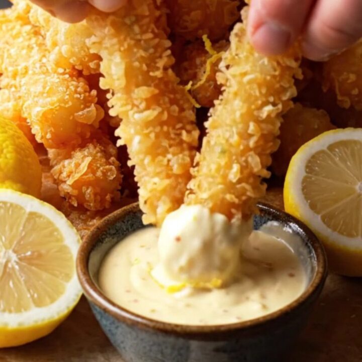 A pile of golden fried calamari, shrimp, and zucchini on a rustic wooden platter with lemon wedges and a bowl of lemon aioli.