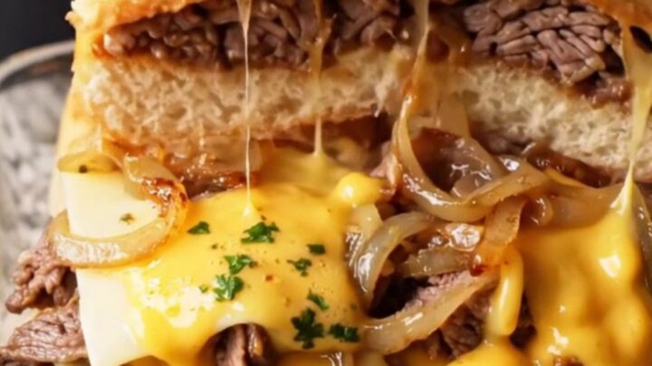 Loaded Philly cheesesteak sliders on a baking dish with golden tops and melted cheese pulling apart