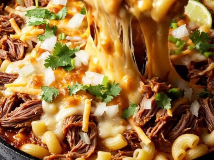Cast iron skillet filled with bubbling birria mac and cheese, topped with cilantro and lime wedges