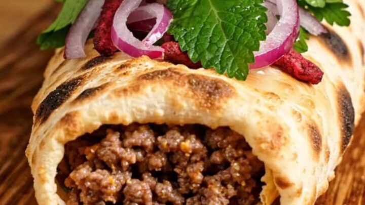 Crisp Turkish lahmacun flatbread with spiced lamb topping, fresh parsley, and lemon wedges on a wooden board