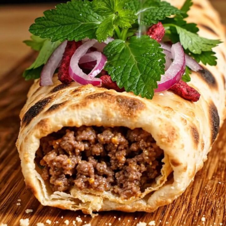Crisp Turkish lahmacun flatbread with spiced lamb topping, fresh parsley, and lemon wedges on a wooden board