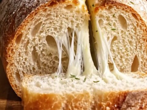 A crusty French loaf stuffed with caramelized onions and melted Gruyère, pulled apart to show cheese strings.