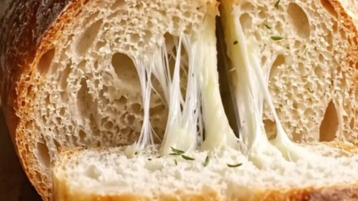 A crusty French loaf stuffed with caramelized onions and melted Gruyère, pulled apart to show cheese strings.