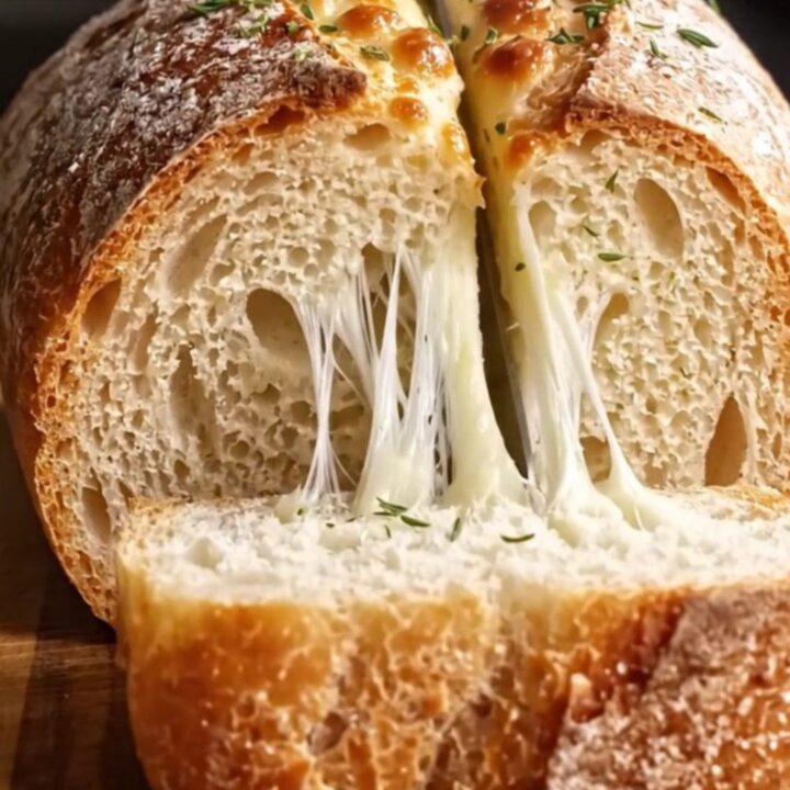 A crusty French loaf stuffed with caramelized onions and melted Gruyère, pulled apart to show cheese strings.