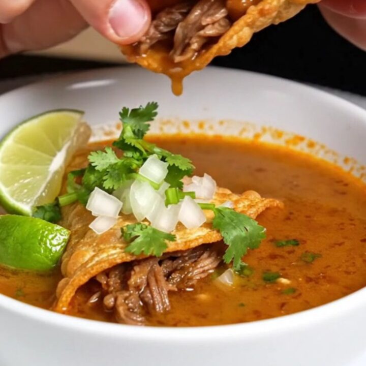 Crispy birria tacos with melted cheese being dipped into a bowl of rich consommé