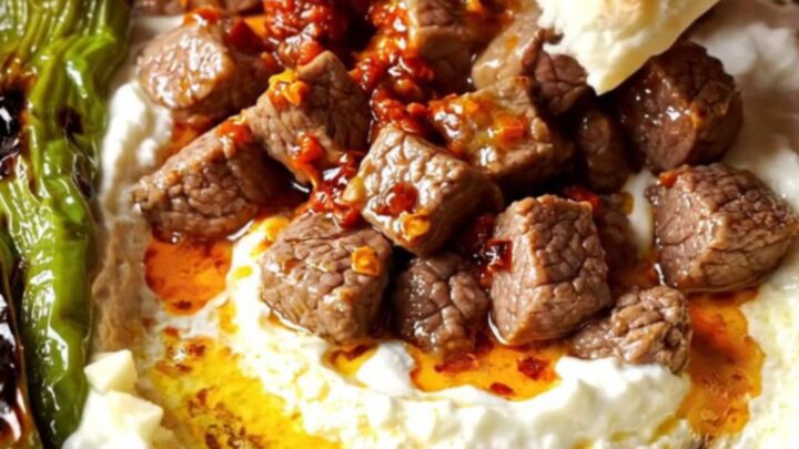 Turkish Ali Nazik Kebab on a terracotta plate, sizzling spiced lamb over smoky eggplant yogurt