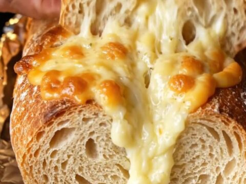 Golden pull-apart bread loaf with melted cheese stretching from a piece being pulled