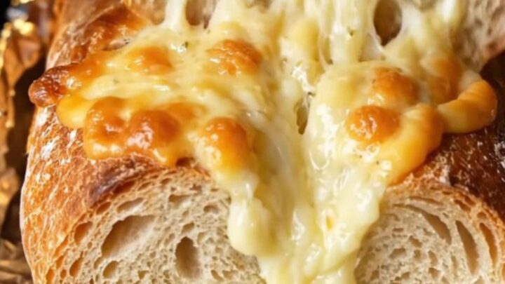 Golden pull-apart bread loaf with melted cheese stretching from a piece being pulled