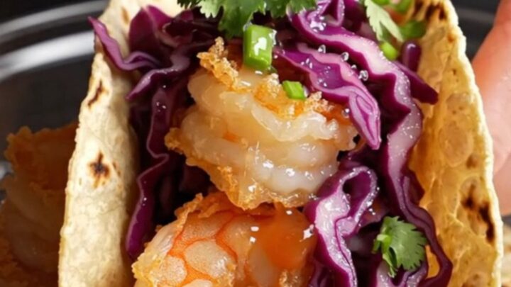Crispy bang bang shrimp tacos with purple cabbage and lime aioli on a wooden board