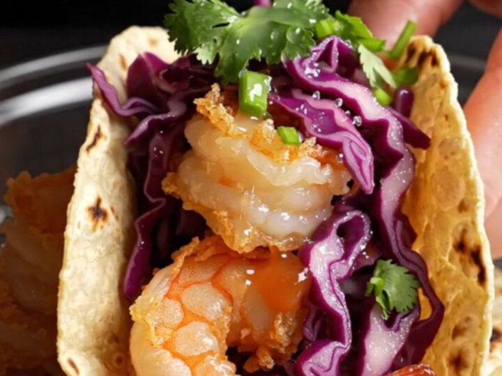 Crispy bang bang shrimp tacos with purple cabbage and lime aioli on a wooden board