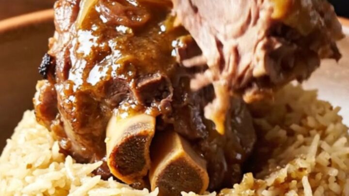 Braised lamb shank on a plate with shallots and glaze, fork pressing tender meat
