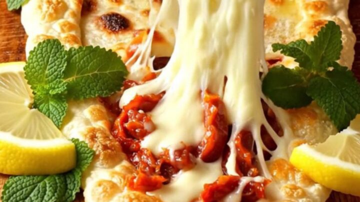 Golden blistered gözleme on a cutting board, brushed with butter, sliced into strips, with melted cheese stretching.
