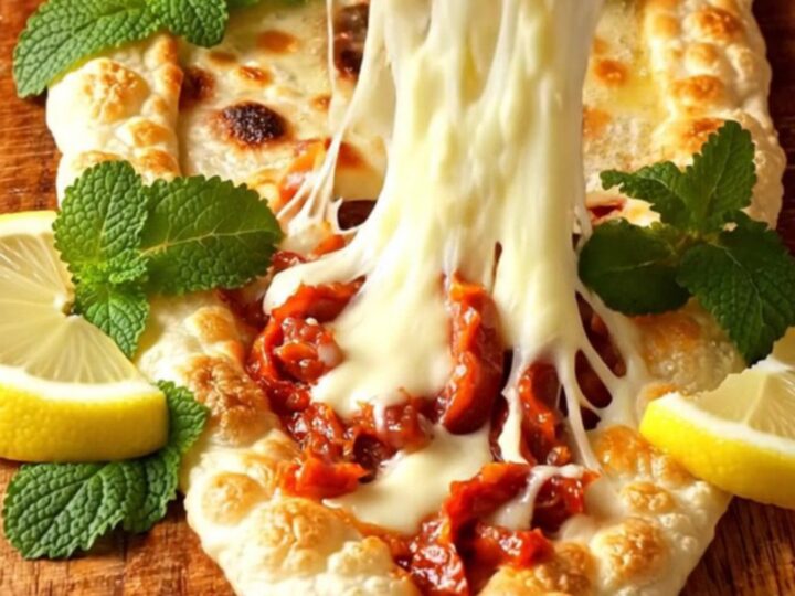 Golden blistered gözleme on a cutting board, brushed with butter, sliced into strips, with melted cheese stretching.