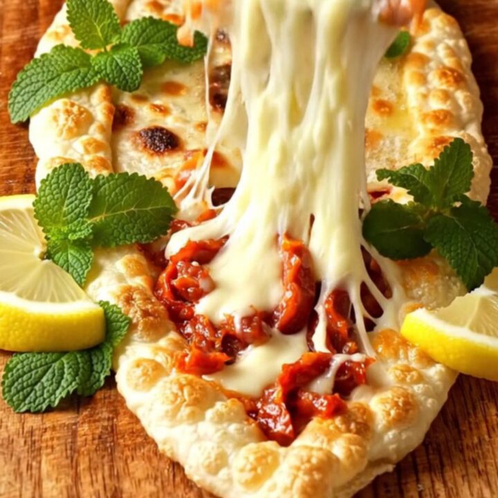 Golden blistered gözleme on a cutting board, brushed with butter, sliced into strips, with melted cheese stretching.
