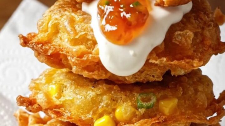 Golden brown corn fritters stacked on a plate with a dollop of sweet jalapeño jam.