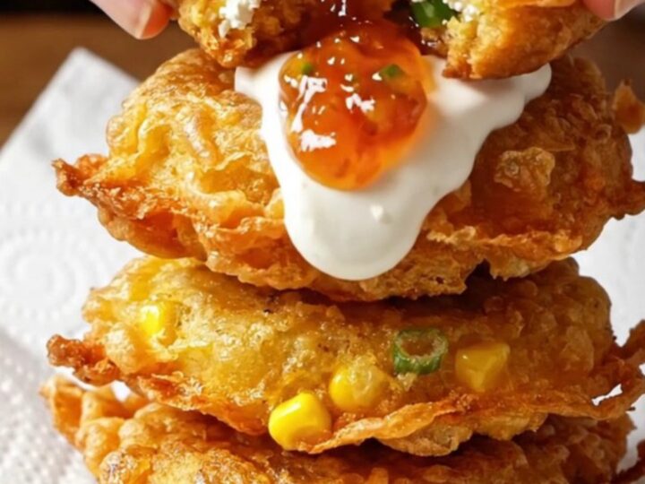 Golden brown corn fritters stacked on a plate with a dollop of sweet jalapeño jam.