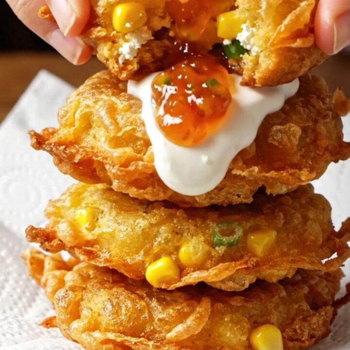 Golden brown corn fritters stacked on a plate with a dollop of sweet jalapeño jam.