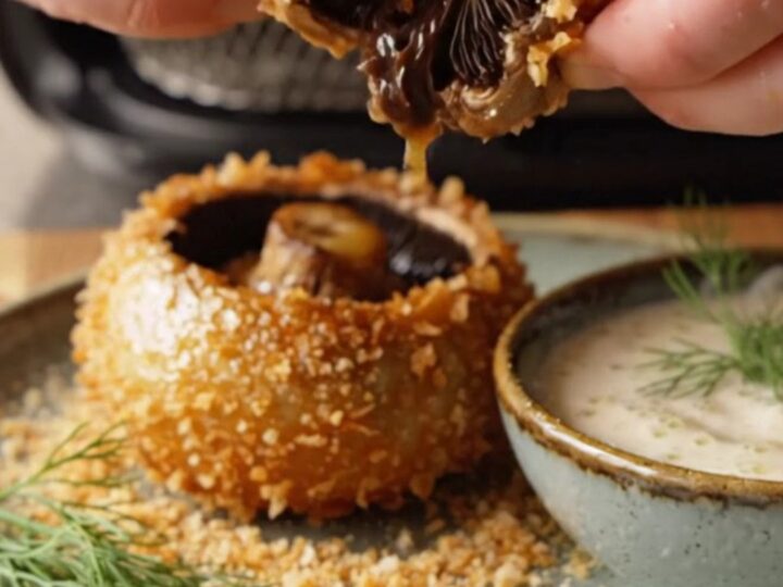 Golden panko-crusted blooming portobello mushroom on a wooden board with garlic herb dip