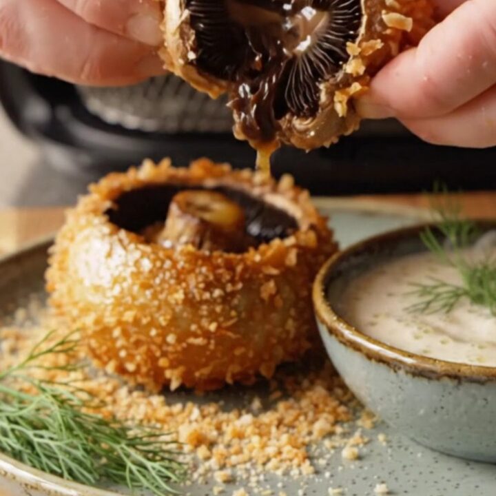 Golden panko-crusted blooming portobello mushroom on a wooden board with garlic herb dip