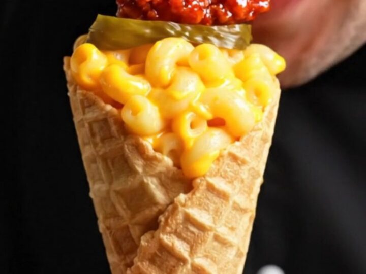 Waffle cone filled with mac and cheese, topped with crispy Nashville hot chicken and pickles