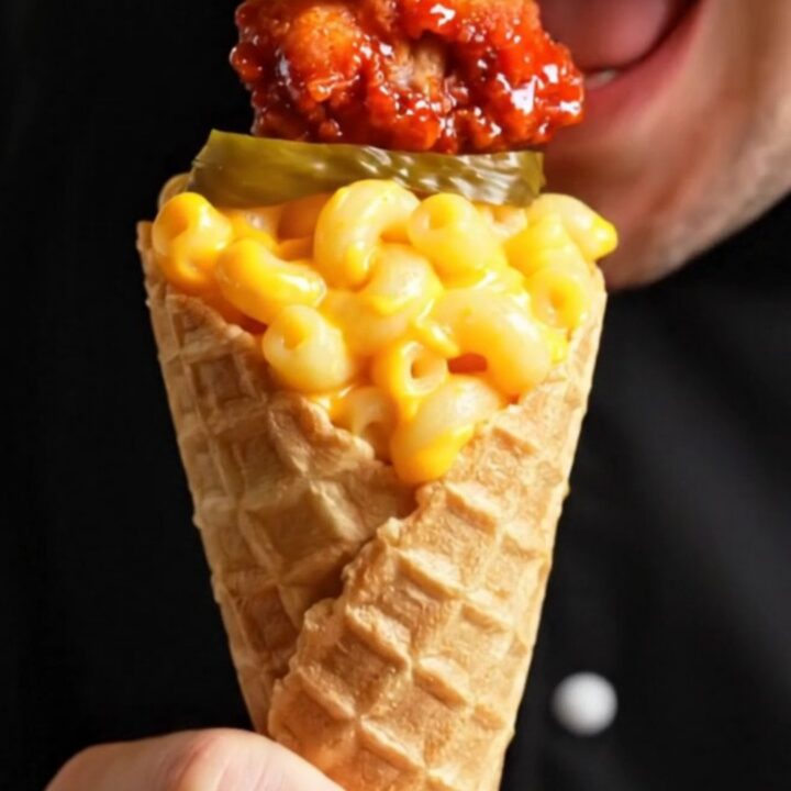 Waffle cone filled with mac and cheese, topped with crispy Nashville hot chicken and pickles
