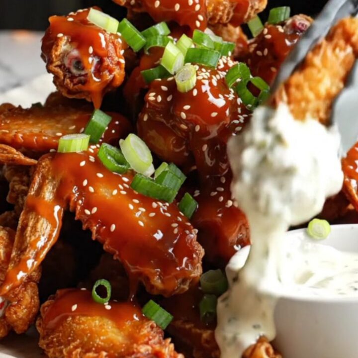 Golden crispy cauliflower wings glazed with sweet chili sauce, garnished with scallions and sesame seeds.