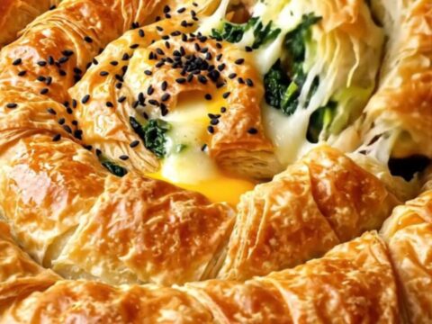 Golden spiral Turkish börek with spinach and cheese filling, sliced to show layers