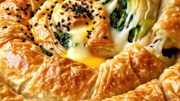 Golden spiral Turkish börek with spinach and cheese filling, sliced to show layers
