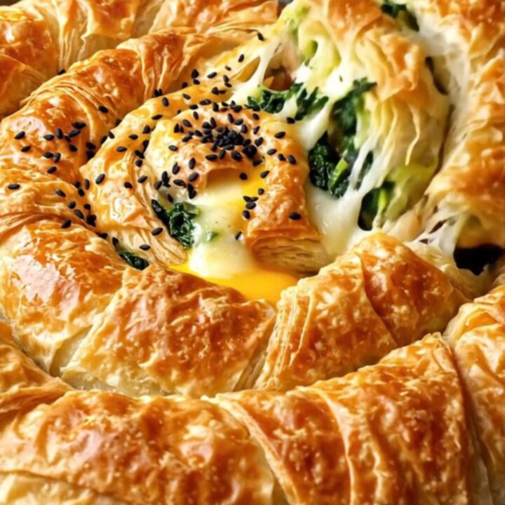 Golden spiral Turkish börek with spinach and cheese filling, sliced to show layers