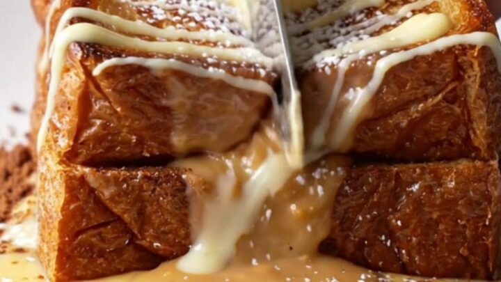 Golden brioche French toast cut open with molten cookie butter flowing out