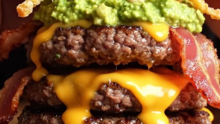 Loaded double bacon guacamole burger with crispy onion strings on a wooden board