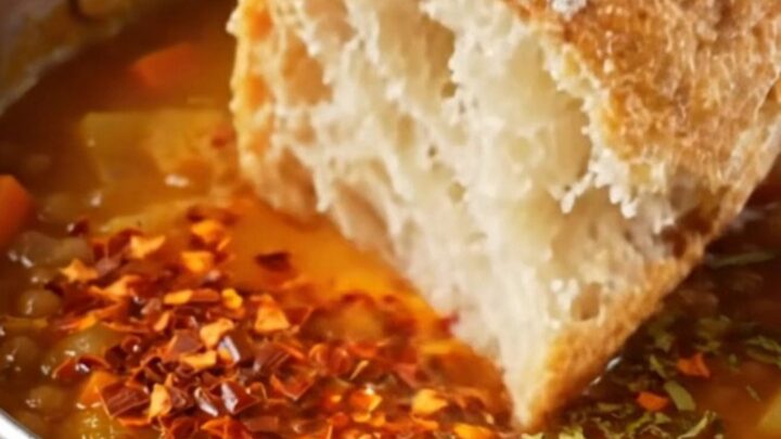 A bowl of velvety red lentil soup topped with sizzling Aleppo pepper butter and a lemon wedge, with crusty bread on the side.