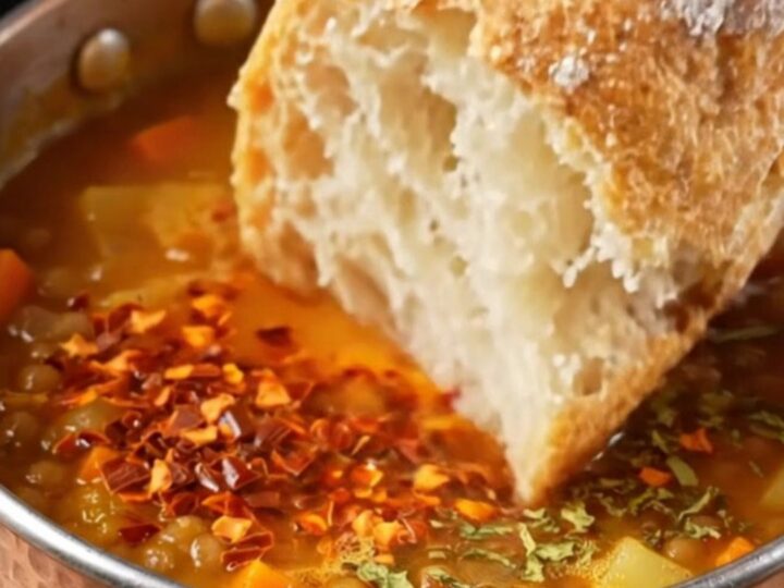 A bowl of velvety red lentil soup topped with sizzling Aleppo pepper butter and a lemon wedge, with crusty bread on the side.