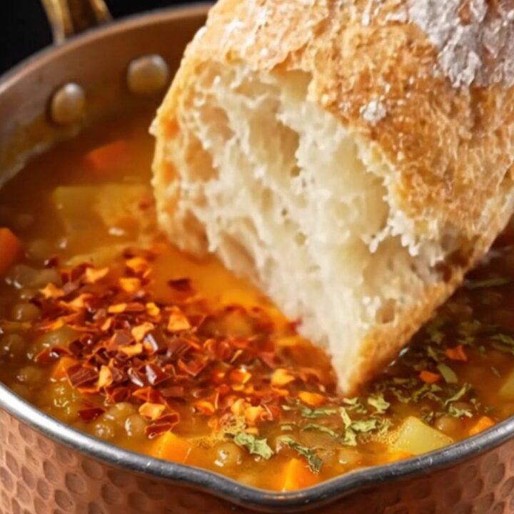 A bowl of velvety red lentil soup topped with sizzling Aleppo pepper butter and a lemon wedge, with crusty bread on the side.