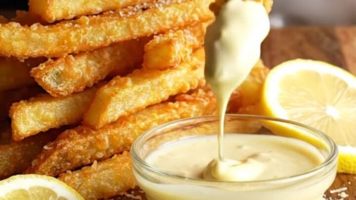 Golden parmesan-crusted asparagus fries piled on a platter with a bowl of lemon aioli
