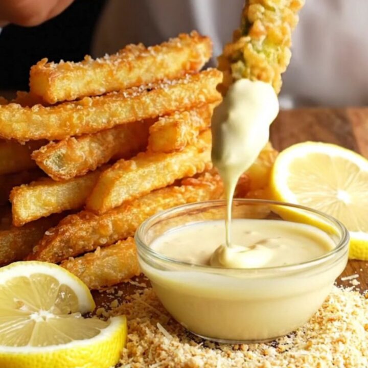 Golden parmesan-crusted asparagus fries piled on a platter with a bowl of lemon aioli