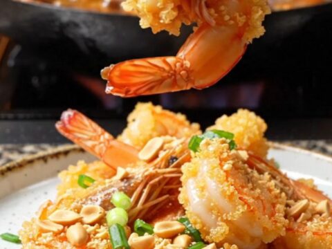 Crispy Szechuan Bang Bang Shrimp on a platter, coated in fiery sauce, topped with crushed peanuts and scallions.