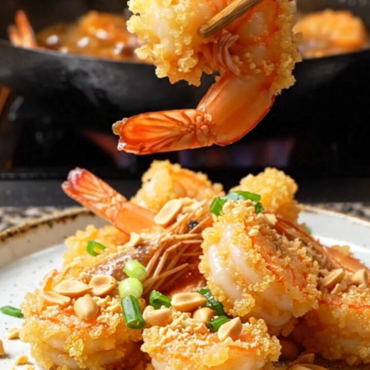 Crispy Szechuan Bang Bang Shrimp on a platter, coated in fiery sauce, topped with crushed peanuts and scallions.